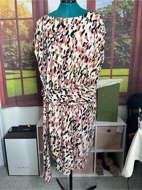 dressbarn Abstract Brushstroke Dolman Dress in Pink, Black and Cream
